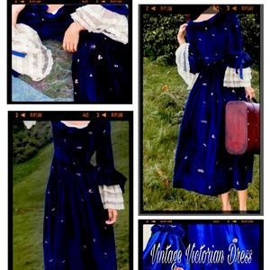 COPY - Soft blue velvet dress w/ embroidery & lace trim.
